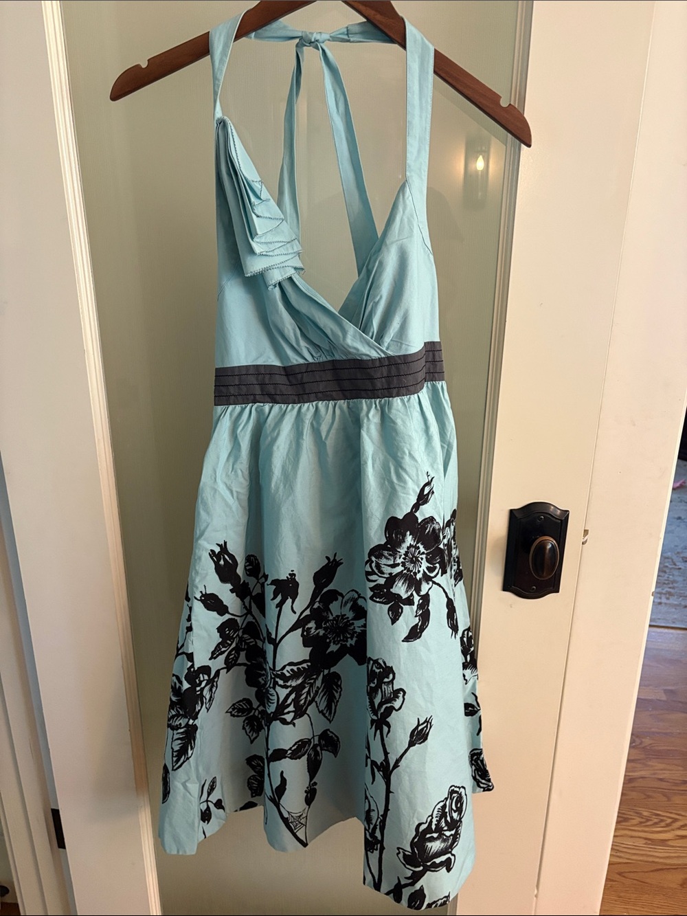 Anthropologie Light Blue Halter Dress with Black Floral Print